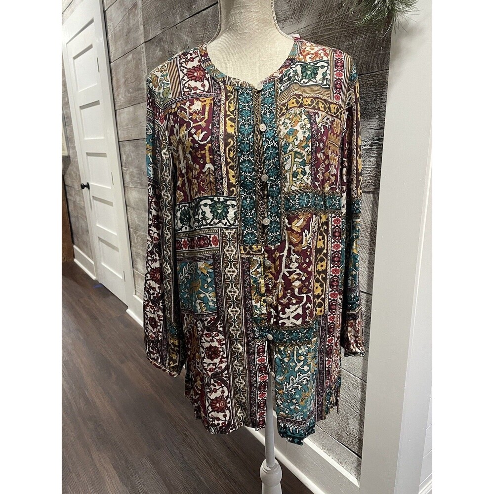 J Jill Women 1X Floral Top Button Front Blouse Colorful Long Sleeve Scoop Neck